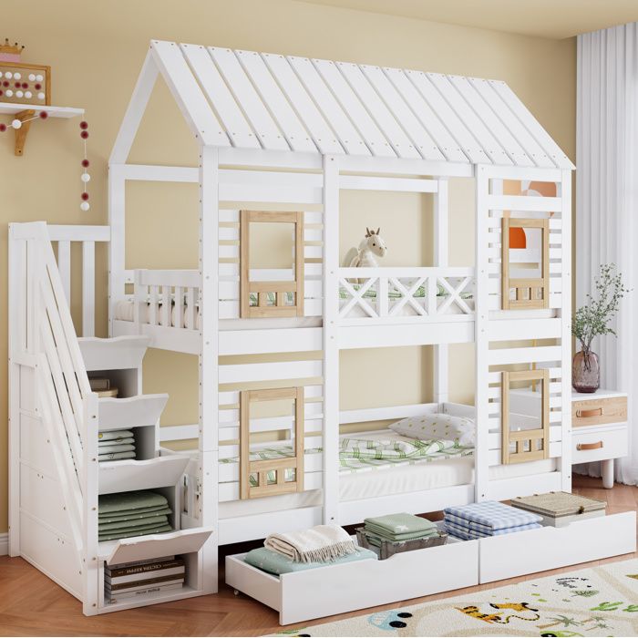 Lit superposé Maisentiel 90x200 blanc et naturel avec fenêtres décoratives tiroirs et escalier de rangement