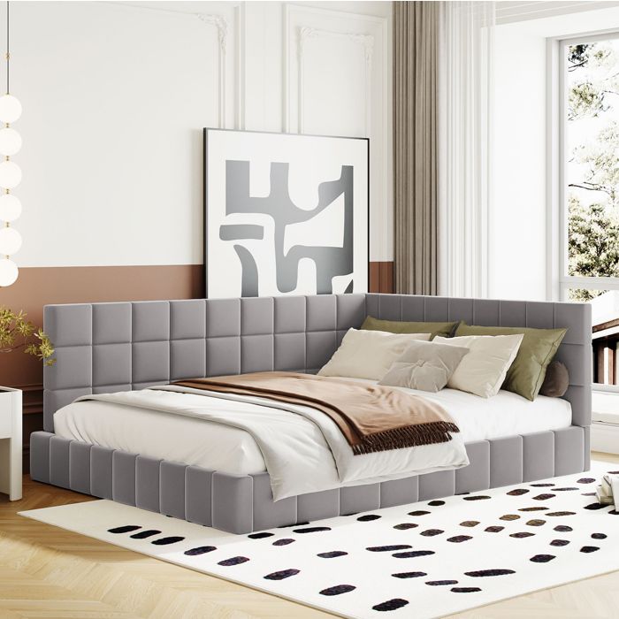 Lit banquette adulte 140x200cm. multifonctionnel avec sommier à lattes. velours. gris