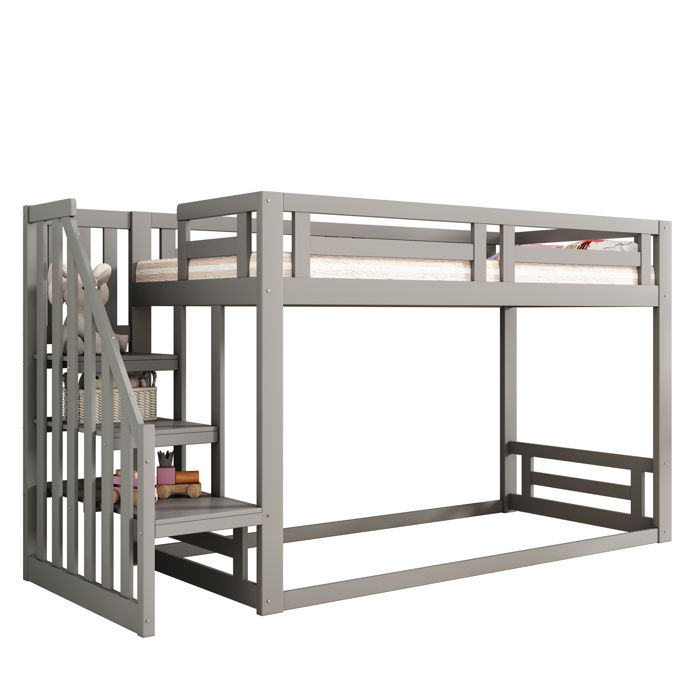 Lit Superposé - Lit Enfant 90x200 Cm Avec Toît Et Escalier Sécurisé Lit Double Étage Bois Massif Couleur Gris