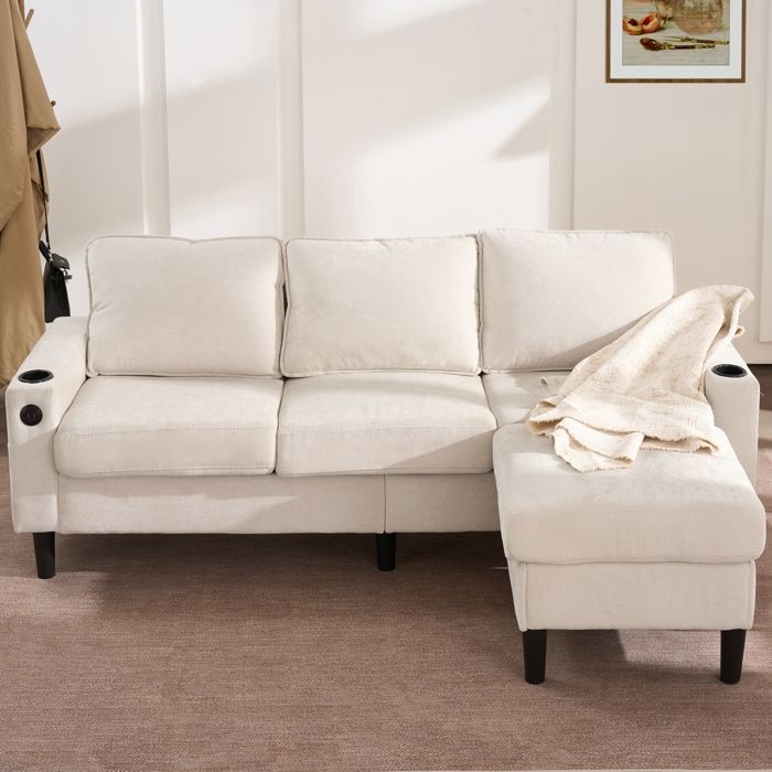 Canapé dangle - HIBA - Réversible 3 places - Ports USB/Type-C - 2 porte-gobelets - Tissu lin beige