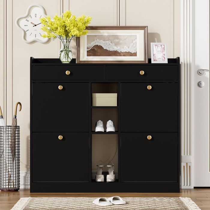 Armoire à chaussures noir moderne 4 portes rabattables 2 tiroirs - 110x26x100 cm