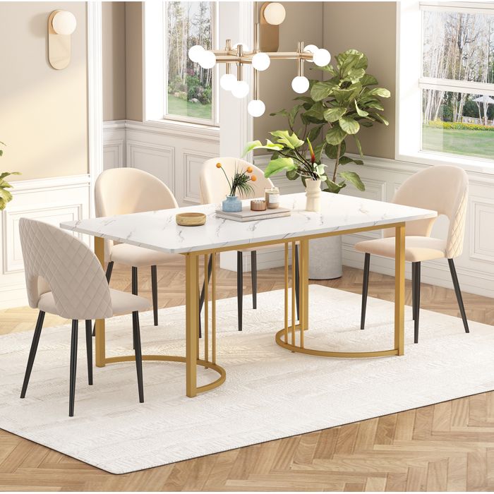 Table à manger blanche L 140 x P 80 x H 75 cm plateau MDF effet marbre pieds métal réglables
