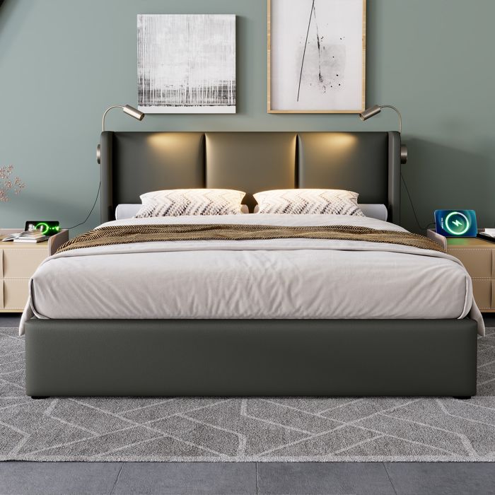 Lit double - KOMHTOM - 160x200 - Rembourré gris - Coffre de rangement - Tête de lit LED USB Lit double - KOMHTOM - 160x200 - Rembourré gris - Coffre de rangement - Tête de lit LED USB