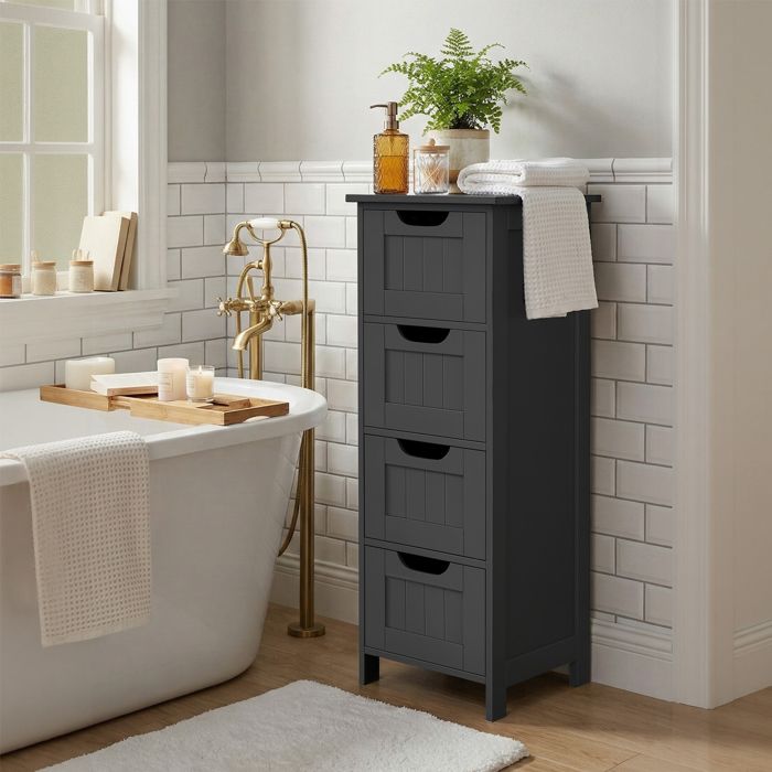 Colonne de Salle de Bain sur Pied avec 4 Tiroirs pour Salle de Bain Salon Salle à Manger Cuisine Style Moderne Noir