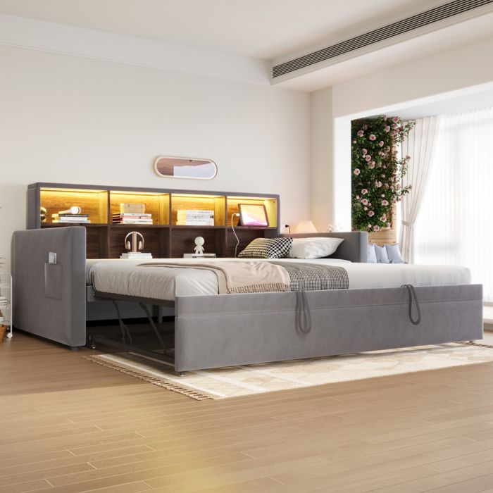 Canapé-lit rembourré - 90x190 cm - Lit extensible 180 cm - Compartiments de rangement intégrés - Bande lumineuse LED