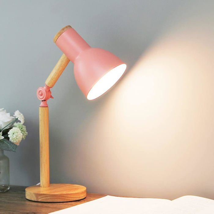 Lampe de table Lampe de lecture LED au design classique en bois avec bras pivotants en bois lampe de table E27 rose