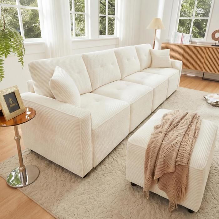 Canapé modulable 4 places beige L 280 x P 146 x H 85 cm rangements intégrés pouf libre