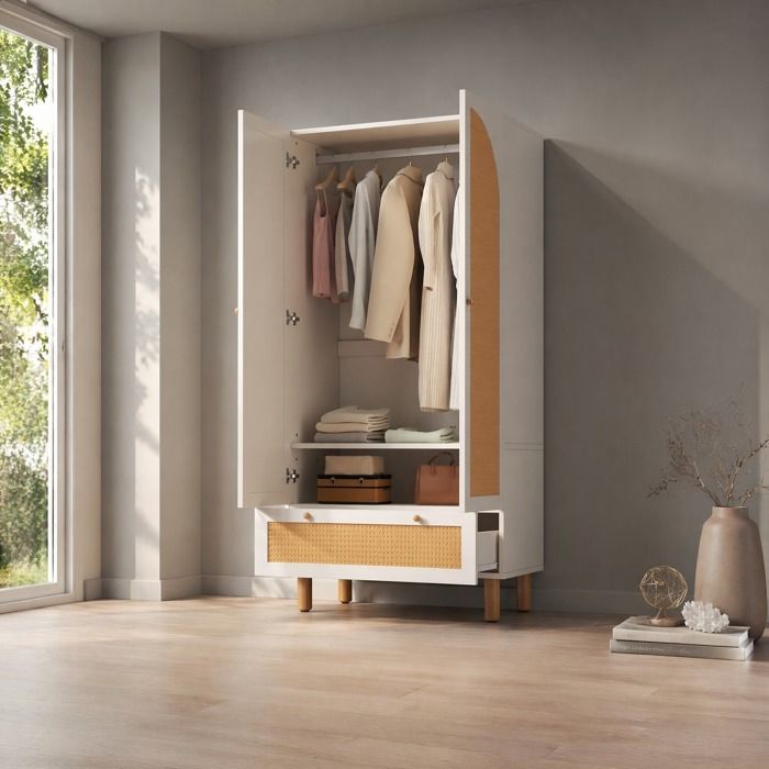 Armoire vestiaire 85.5 x 52 x 180.5 cm avec portes et grand tiroir. étagères réglables et penderie. bois blanc
