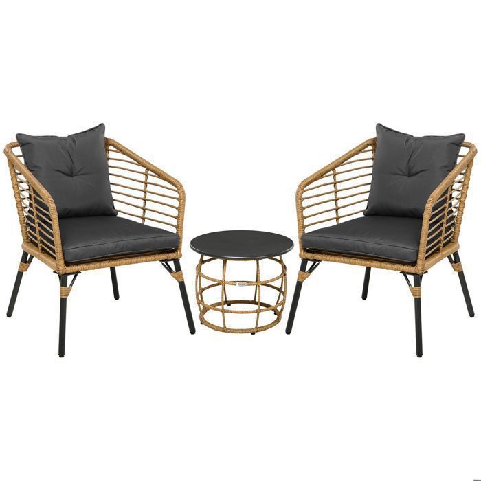 Salon de Jardin 3 Pièces - Ensemble Table Basse et 2 Chaises avec Coussins - Acier et Résine - Meuble Balcon Terrasse - Sable/Gris