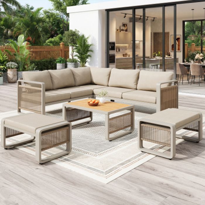 Salon de jardin extérieur ensemble loungesessel pour 6-7 personnes canapé jardin corde tissé mainBeige