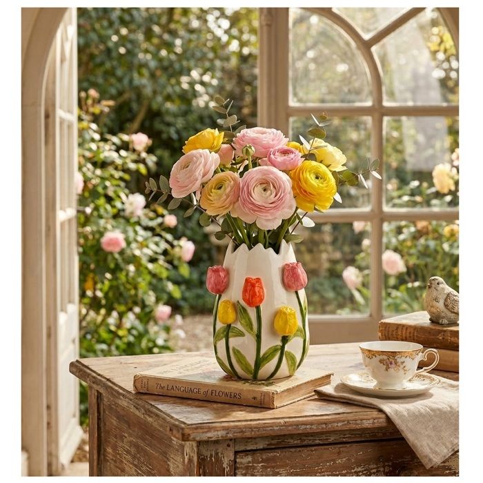 Vase en porcelaine - EDEN - Décor Tulipes - Multicolore - 13x9x10 cm - Intérieur