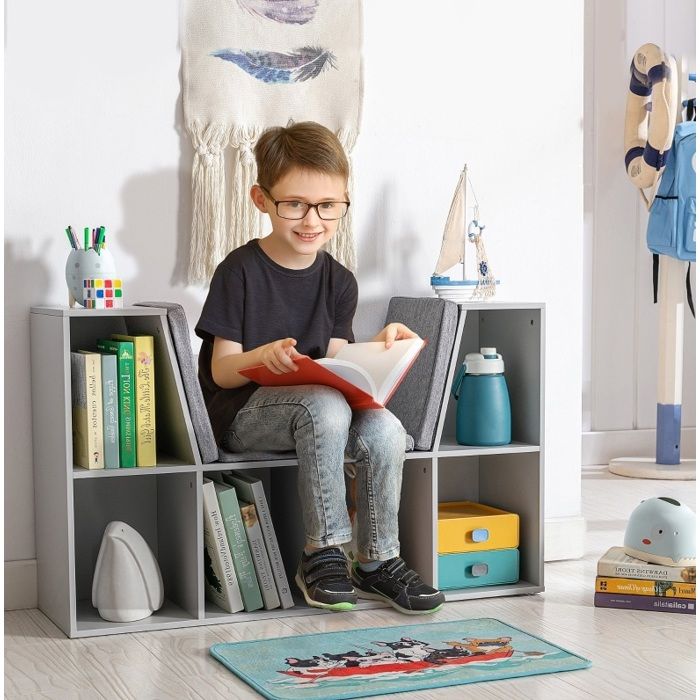 Bibliothèque enfant avec banc et 6 compartiments EVRYAE 103 x 30 x 62 cm 3 coussins gris MDF