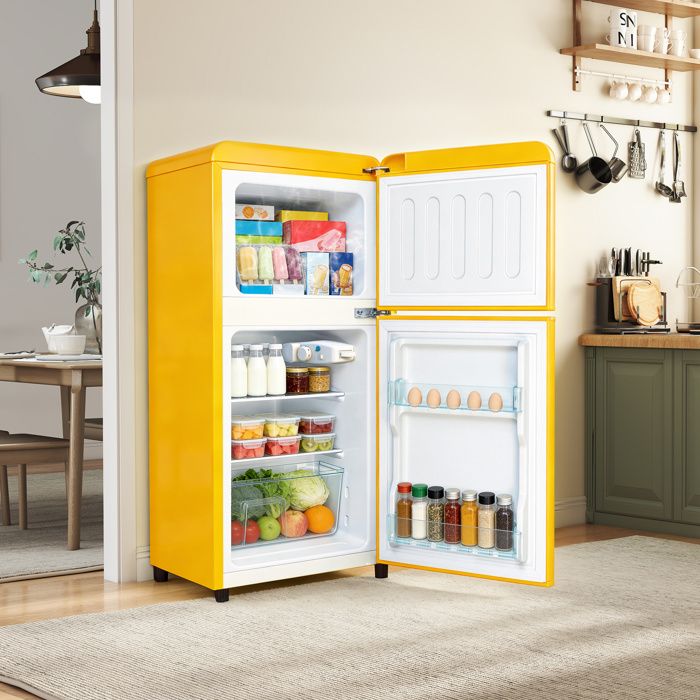 Réfrigérateur double porte 86 L 56 L + 30 L thermostat 7 niveaux LED étagères réglables 45 dB jaune