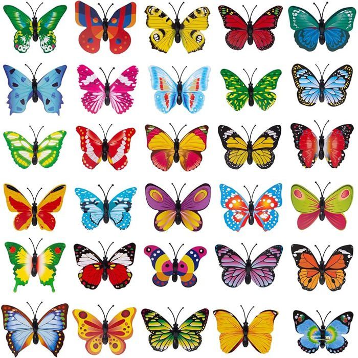Lot de 100 Papillon Decoration avec Epingle a Nourrice Papillons Décoratifs 6cm 3D PVC Colorés pour Décoration Vêtements
