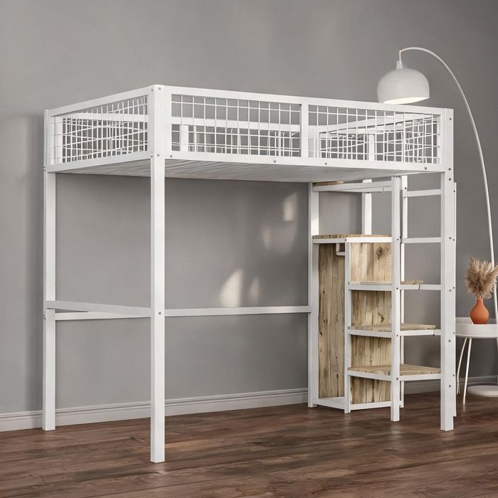 Lit mezzanine enfant 1 place en métal clean white avec penderie intégrée et échelle sécurisée - 249 x 145 x 180 cm