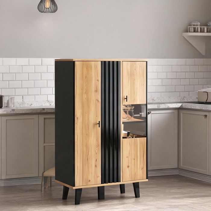 Meuble vitrine 80x40x120 cm en panneaux de particules aspect bois et noir avec éclairage LED et bandes décoratives