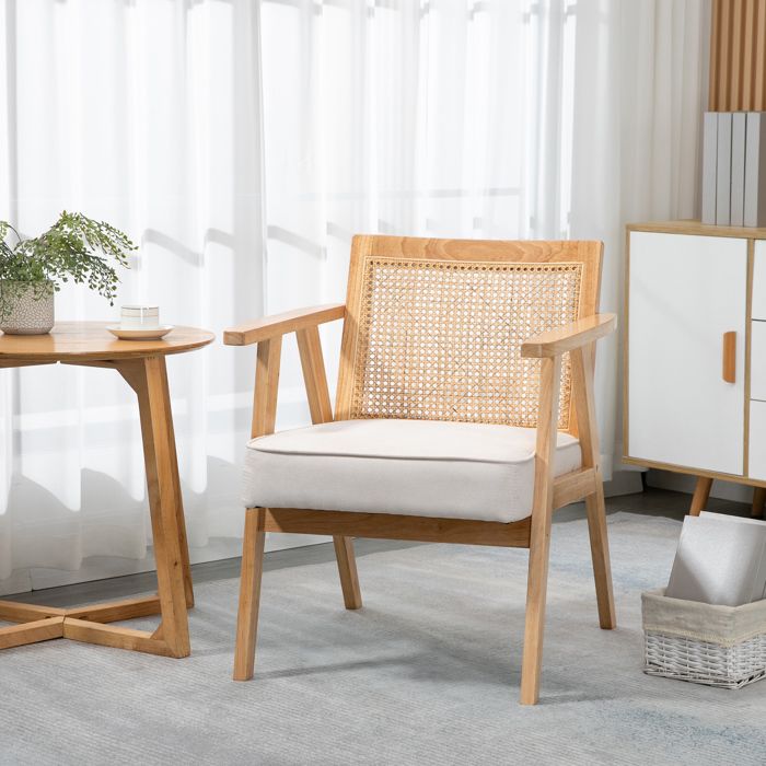 Fauteuil lounge - Hévéa - Bois dhévéa - Blanc crème - Coussin aspect lin