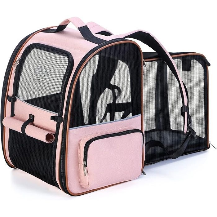 Sac Transport Chat avec 4 Entrées Sac Transport Chien Respirant - Sac a Dos Chat avec Harnais Intérieur Maximale 8kg - Rose