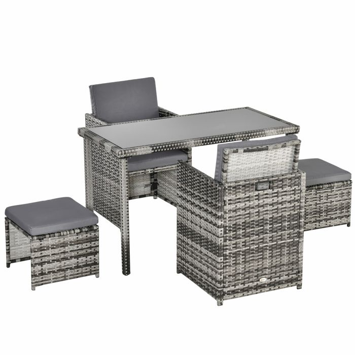 Ensemble de salle à manger de jardin - - 5 pièces : table 2 chaises 2 tabourets