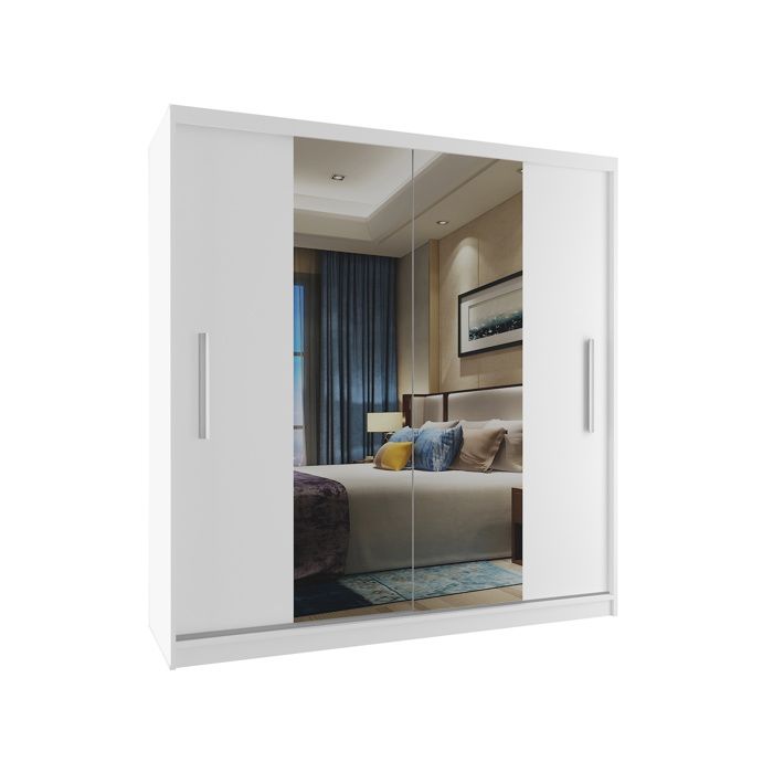 BELINI Grande Armoire 2 Portes Coulissantes VERONA ME 158 cm - Blanc Mat - Miroir Intégré & Tringle - Chambre Adulte