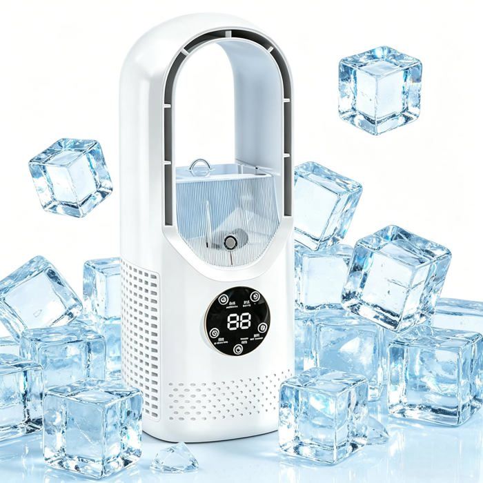 Ventilateur Sans Pales LED - 7 couleurs Silencieux Bureau - Brumisation minuterie USB - Chambre bureau - Blanc