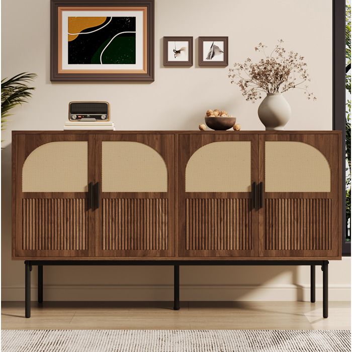Buffet bas 4 portes avec rangement decor noyer et cannage naturel MDF 140 x 40 x 80 cm style retro ORVRYN