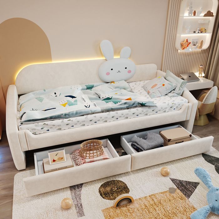 Lit canapé enfant 90x200 velours beige rangement tiroirs éclairage LED oreiller lapin accoudoirs rembourrés lit bébé sommier lattes
