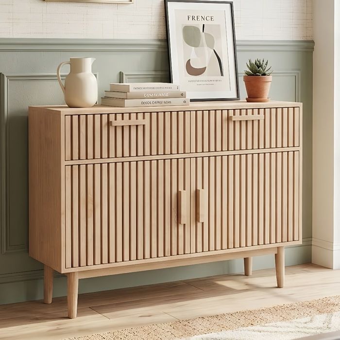 Buffet 100x35x80cm - Grand rangement - Portes persiennes - Style scandinave - Bois massif Couleur bûche