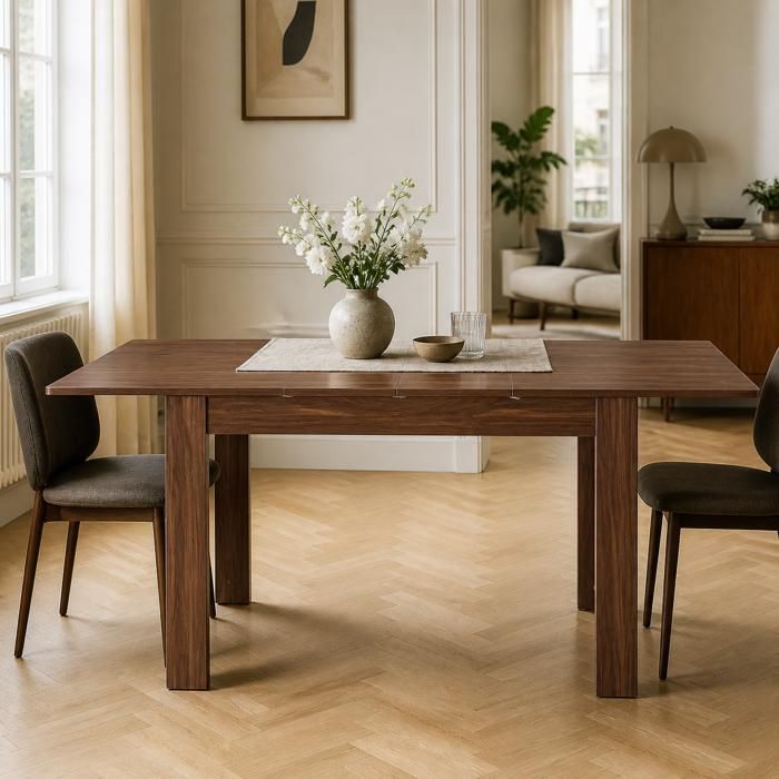 Table à manger extensible rectangulaire plateau effet noyer 2 rallonges pour salle à manger et salon
