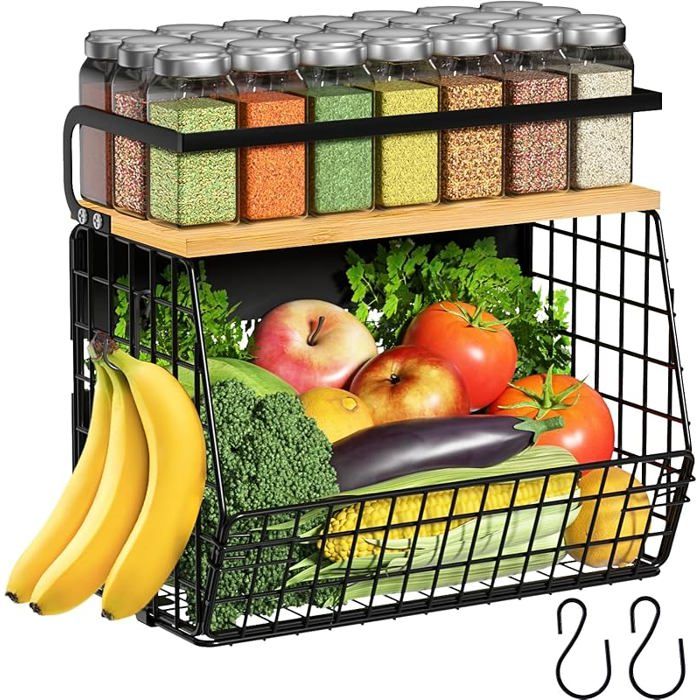 Étagère de rangement magnétique réfrigérateur avec couvercle bois Panier métal fruits oignons pommes de terre 1