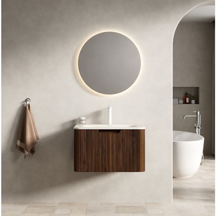 ROVRYN Meuble sous vasque suspendu 60 cm avec vasque integree en pierre frittee effet travertin Roma beige noyer