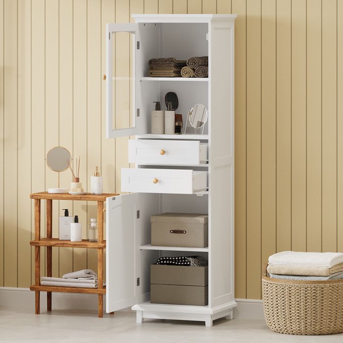 Armoire de Salle de Bain 2 Portes 2 Tiroirs Porte Vitree et Etagere Reglable - YEAVIO - MDF Blanc 45×36×160 cm