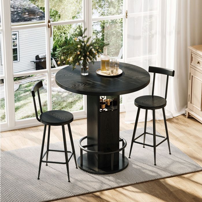 Table de salle à manger ronde 80 cm 2 tabourets de bar et rangement intégré - MEUNIQ - Moderne Cuisine Noir