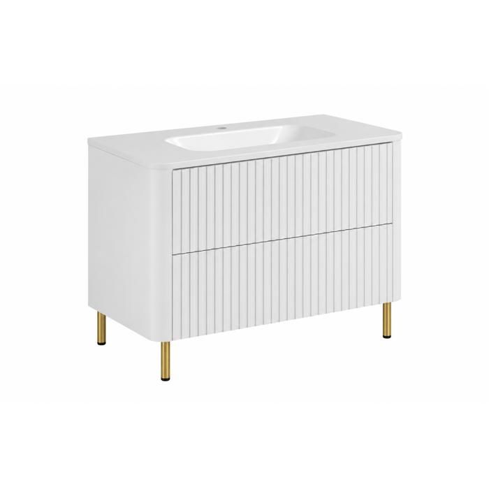 Meuble sous vasque - Modèle 80 - Blanc - Vasque résine minérale incluse - Pieds dorés 15 cm