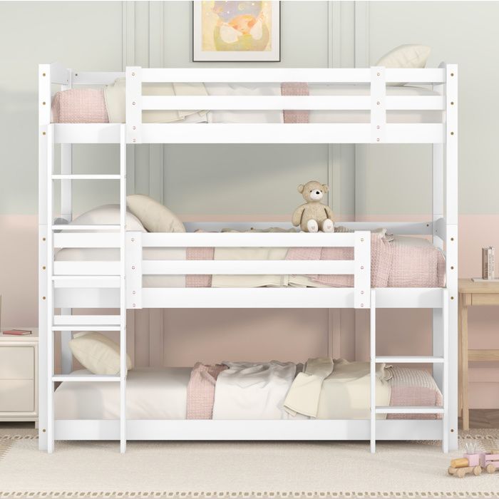 Lit superposé triple pour enfants 90 x 200 cm - bois de pin blanc - sans matelas