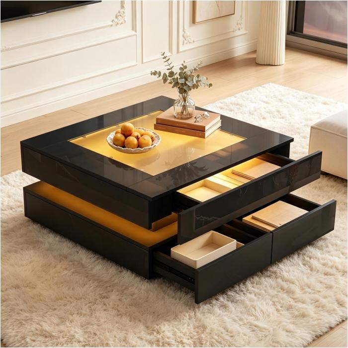 Table basse 70x70x35cm noire plateau verre design géométrique LED 3 tiroirs laqué brillant adapté petit espace salon Table basse 70x70x35cm noire plateau verre design géométrique LED 3 tiroirs laqué brillant adapté petit espace salon