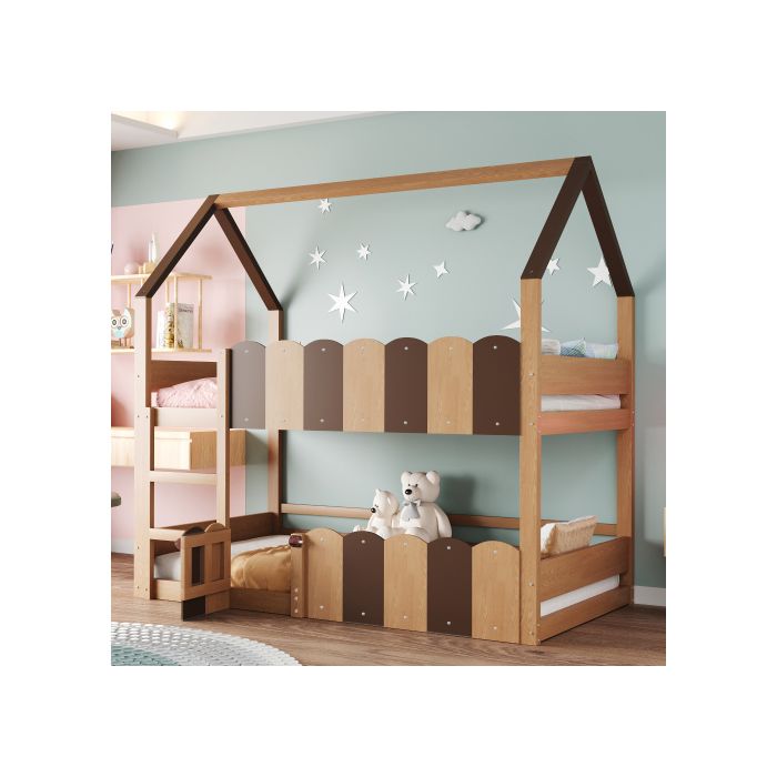 Lit Superposé Cabane - WESTYLE - 90x200 - Bois massif naturel - Sommiers à lattes inclus - Barrières de sécurité