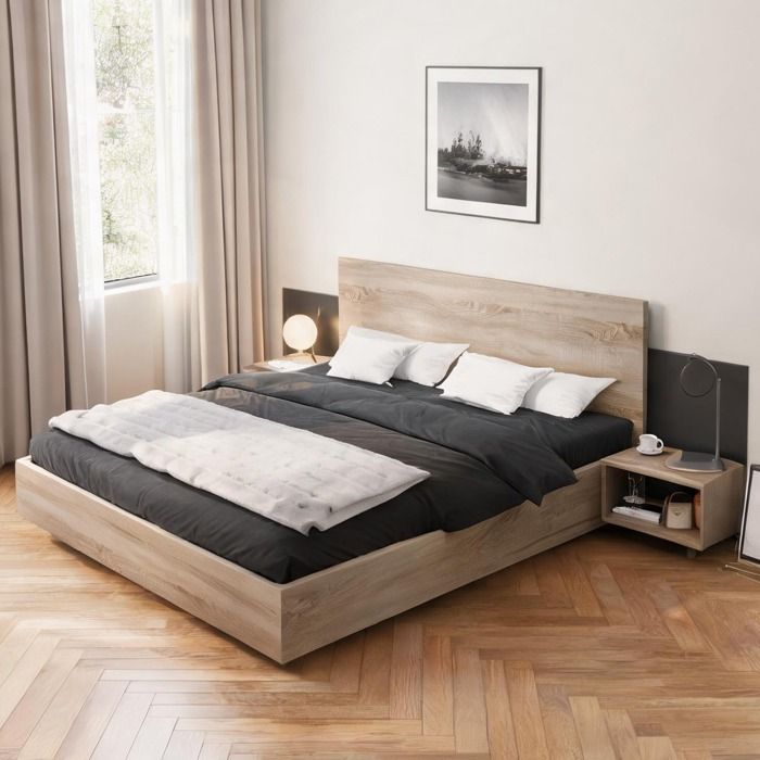 Lit double 160x200 cm en bois massif chêne Sonoma chevets intégrés et gris classique