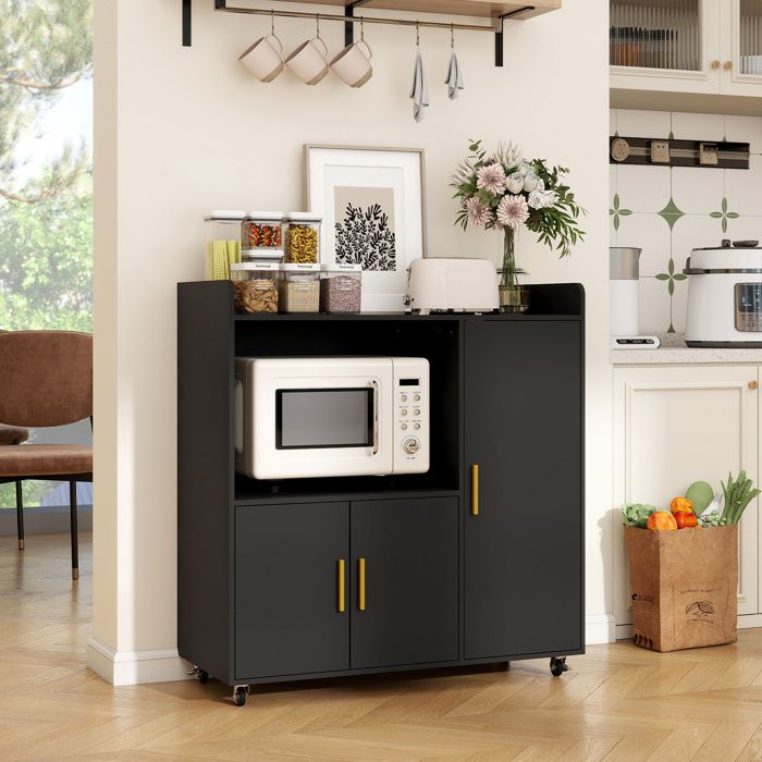 Buffet de cuisine à roulettes - PULUOMIS - Meuble micro onde - 90 x 40 x 96 cm - Noir