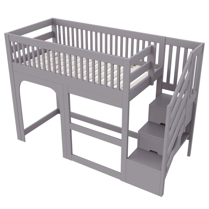 Lit mezzanine enfant gris 90x200 cm échelle rangement LED rambarde sécurité fenêtres décor espace libre sous lit sommier lattes Lit mezzanine enfant gris 90x200 cm échelle rangement LED rambarde sécurité fenêtres décor espace libre sous lit sommier lattes