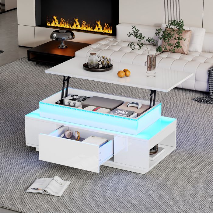 MEULVA Table basse relevable 96 x 45 x 40 cm rangement caché 1 tiroir LED blanc brillant