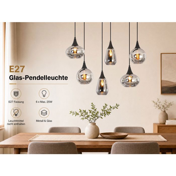 HOMEFIRE - Suspension Luminaire 6 Douilles E27 Verre Galvanisé Miroir - Lustre Hauteur Réglable pour Cuisine Salle à Manger