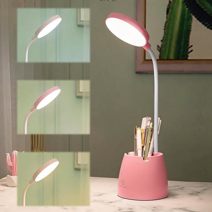 Lampe de bureau enfant - Lampe de chevet LED rechargeable 3 modes avec porte-stylo et bras flexible pour étude et lecture (Rose)