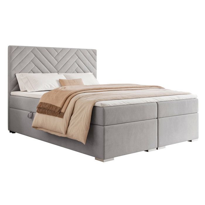 Lit Coffre NEREA - 180x200 cm - avec matelas et surmatelas - Velours doux - Gris