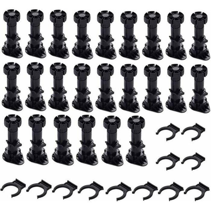 24pcs Pieds darmoire réglables en plastique - Hauteur ajustable 80 100 mm Base stable et robuste - Meubles de cuisine et canapé