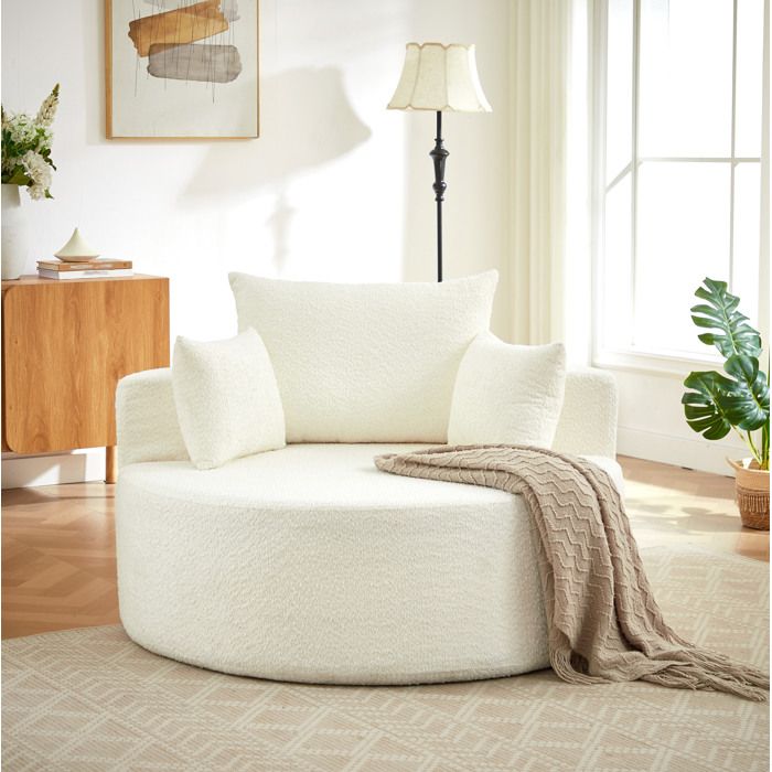ROVRYN Fauteuil 1 place en chenille beige sans montage avec accoudoirs et coussin cylindrique