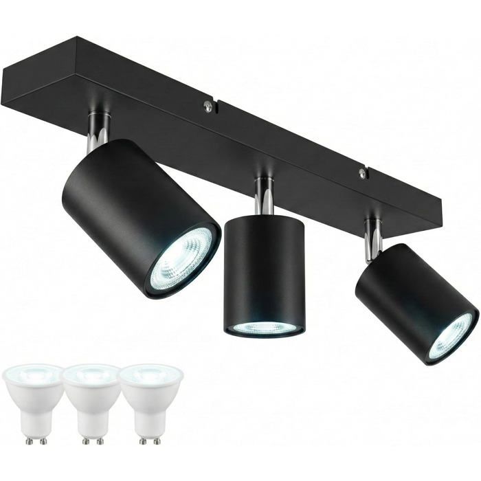 Plafonnier LED 3 spots GU10 noir 3 ampoules 6000 K incluses base rectangulaire orientable blanc froid prêt à l’emploi
