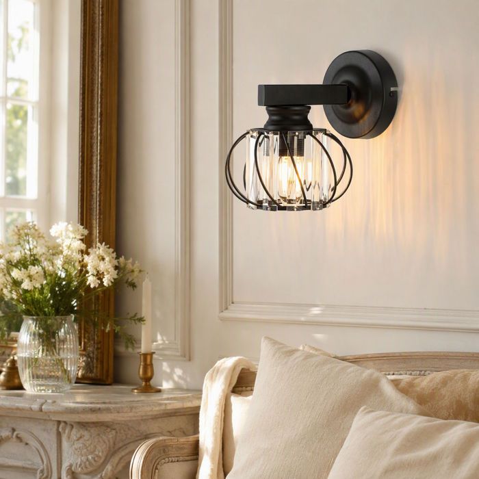 Applique murale cage cristal E27 21×16 5×20 cm lampe murale Max 60W noire sans ampoule pour salon chambre couloir