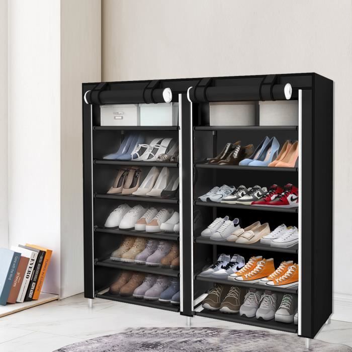 Meuble à chaussures QIFAshma - Double rangée 6 étagères - Noir - Grande capacité