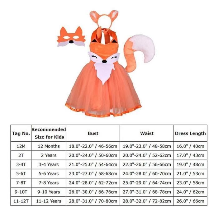 12M - Costume de renard confortable avec oreilles pour filles